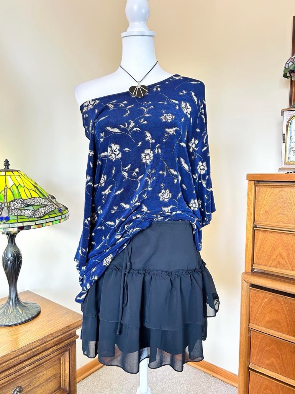 Women's Navy Floral Off-Shoulder Top